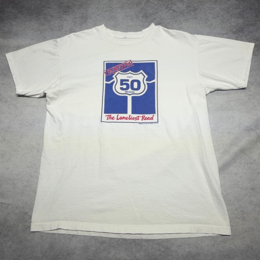 Vintage 90s Nevada Highway 50 I Survived The Loneliest‎ Road Graphic T-Shirt L